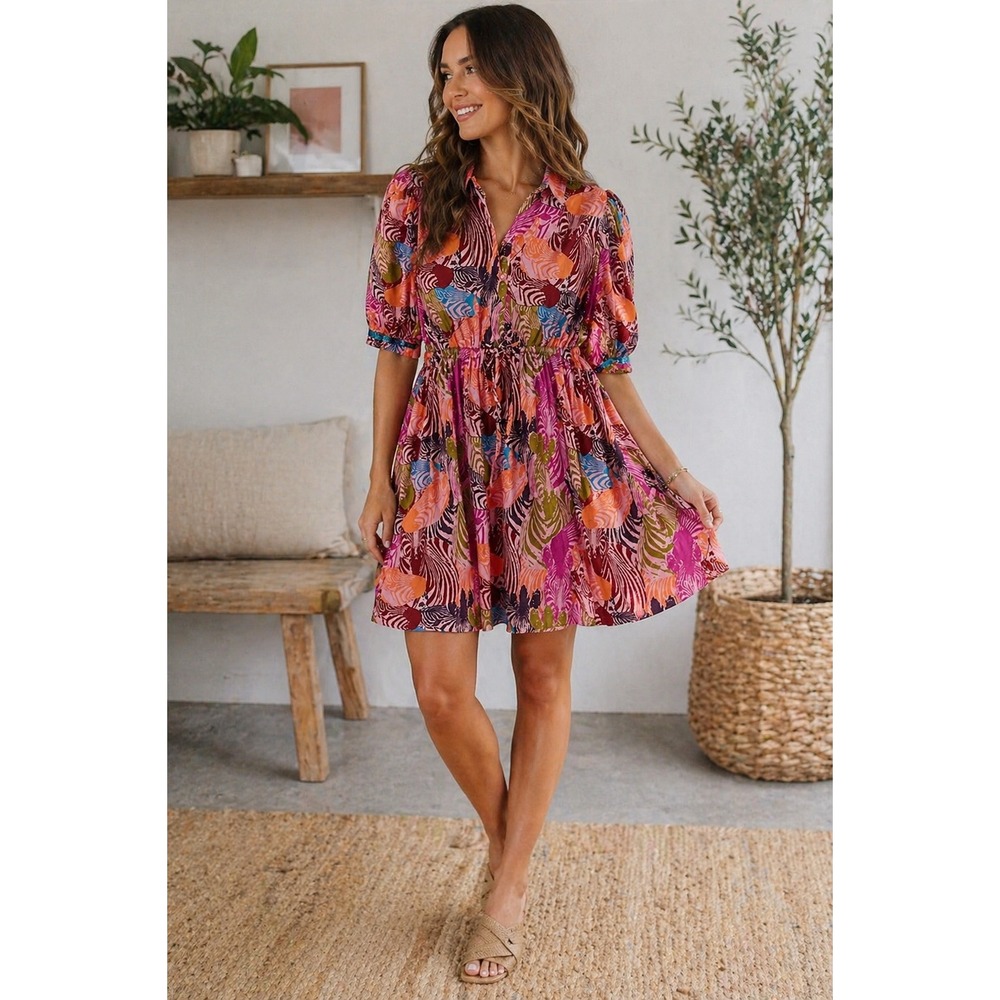Anthro Style Abstract Boho Print Cinched Waist Shirt Dress Size S NWT